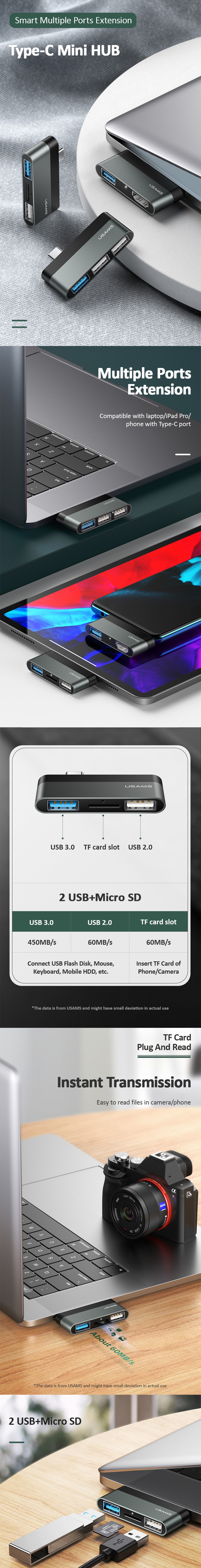 USAMS US SJ463 Type C to 2 USB Ports Micro SD Mini HUB 1