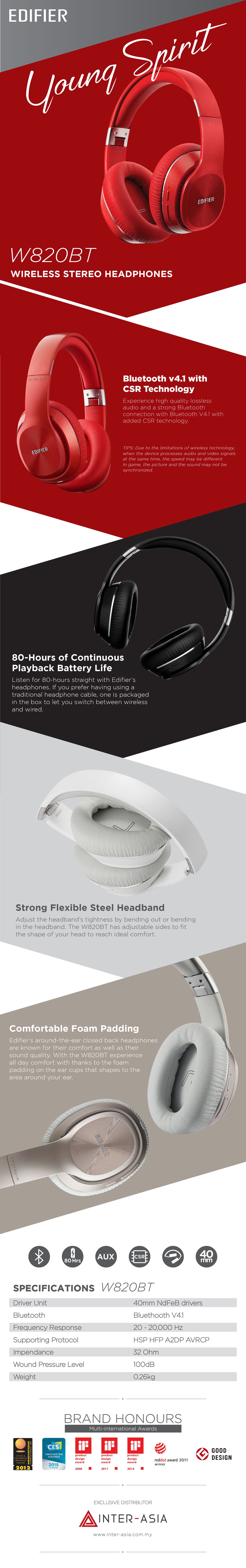 Edifier W820BT Wireless Bluetooth Stereo Headphones 2