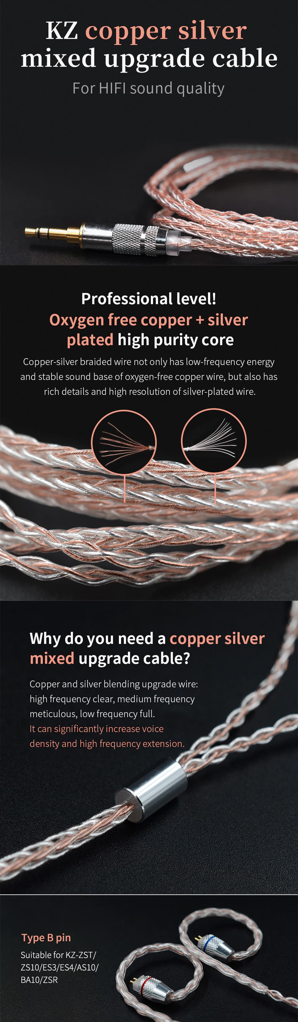 KZ B Pin Copper Silver Mixed Upgrade Cable 2