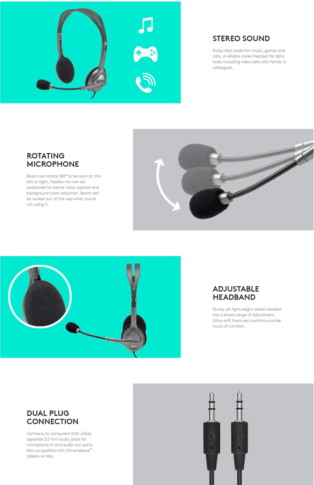 Logitech H110 Wired Over Ear Headphones 5