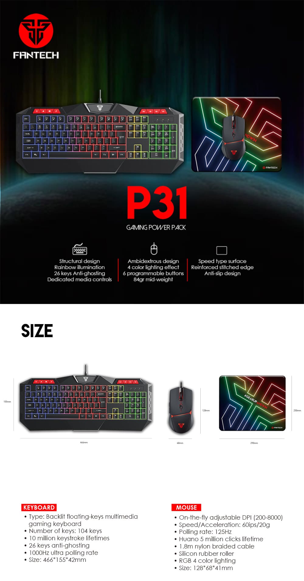 Fantech P31 RGB Gaming Keyboard Mouse And Mousepad Combo 1