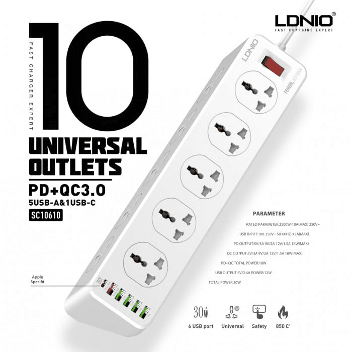 LDNIO SC10610 10 Sockets with PD QC3.0 USB Port Power Strips 3