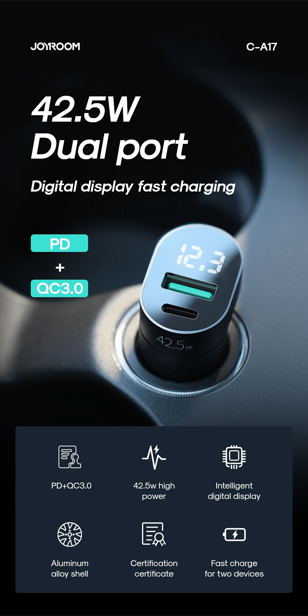 Joyroom C A17 48W Dual Port Fast Car Charger 3