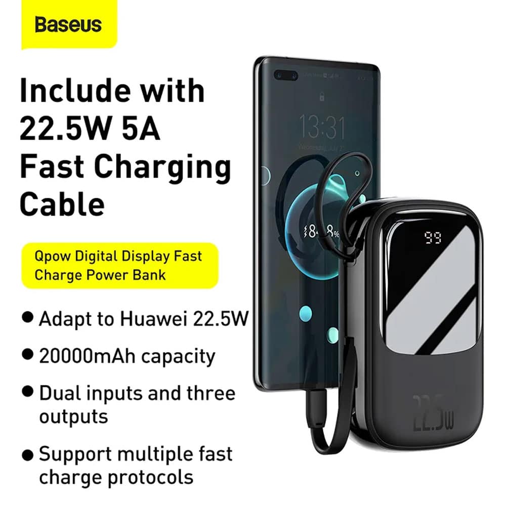 Baseus Qpow 22.5W 20000mAh Digital Display Power Bank with USB C Cable 3