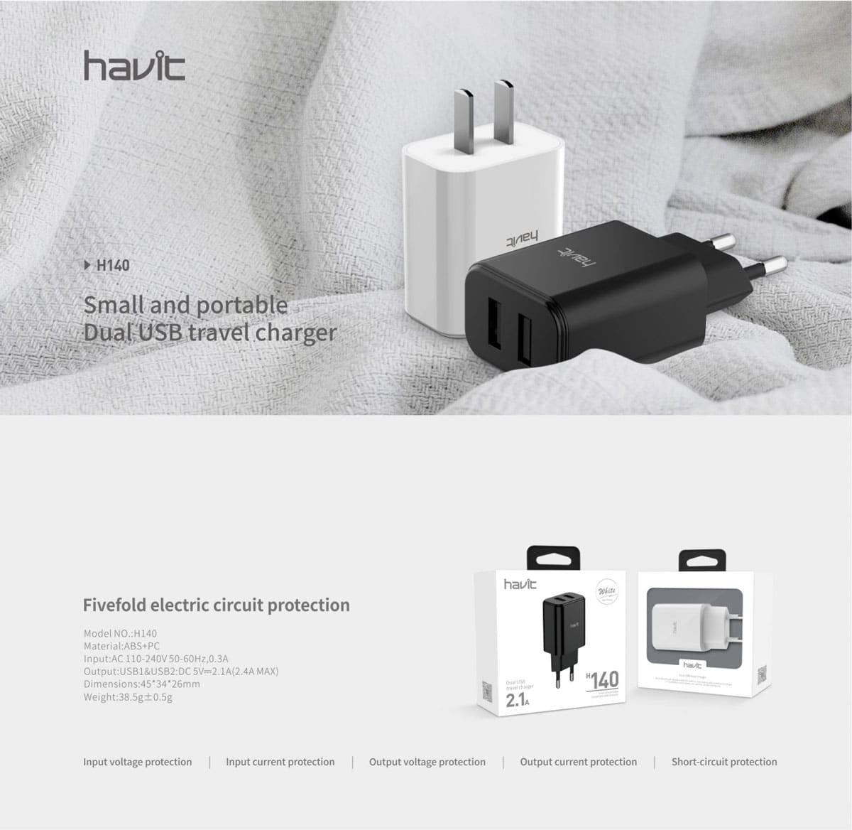 Havit H140 Portable Dual USB Travel Charger 2