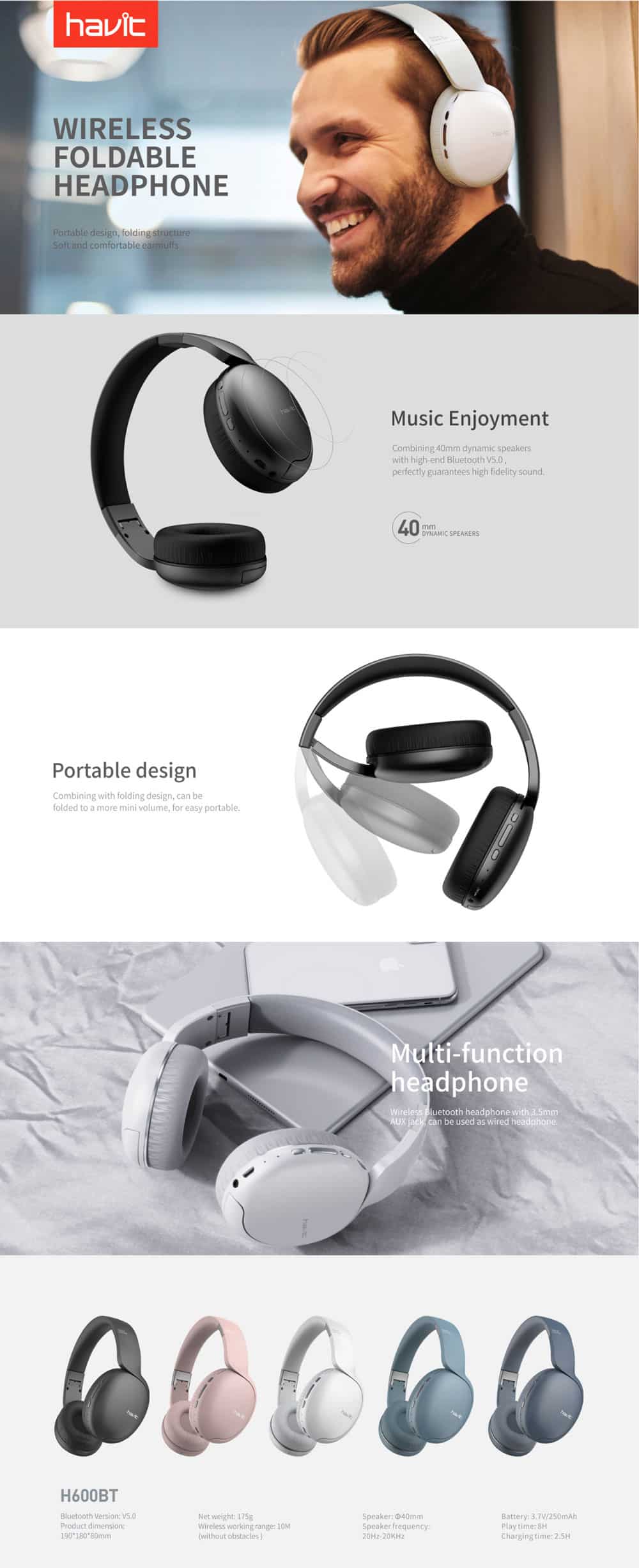 Havit H600BT Over Ear Bluetooth Headphone 4