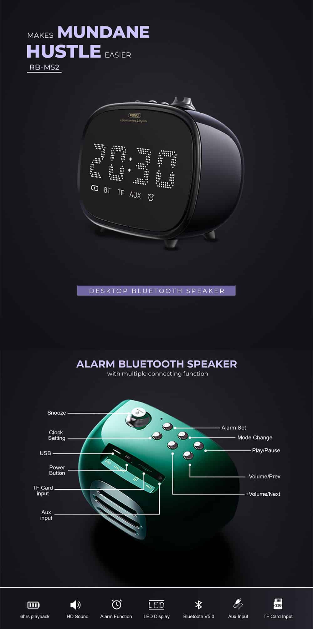 Remax RB M52 Alarm Bluetooth Speaker 3