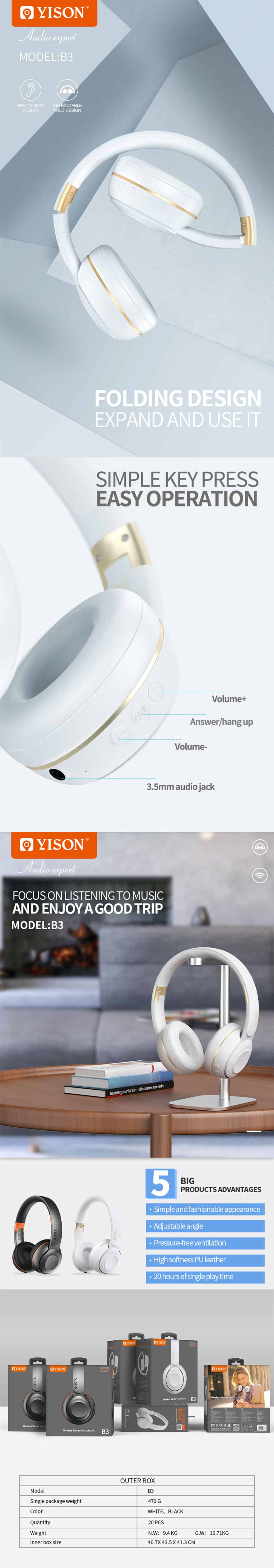 Yison B3 Portable Wireless Overhead Headphone 5