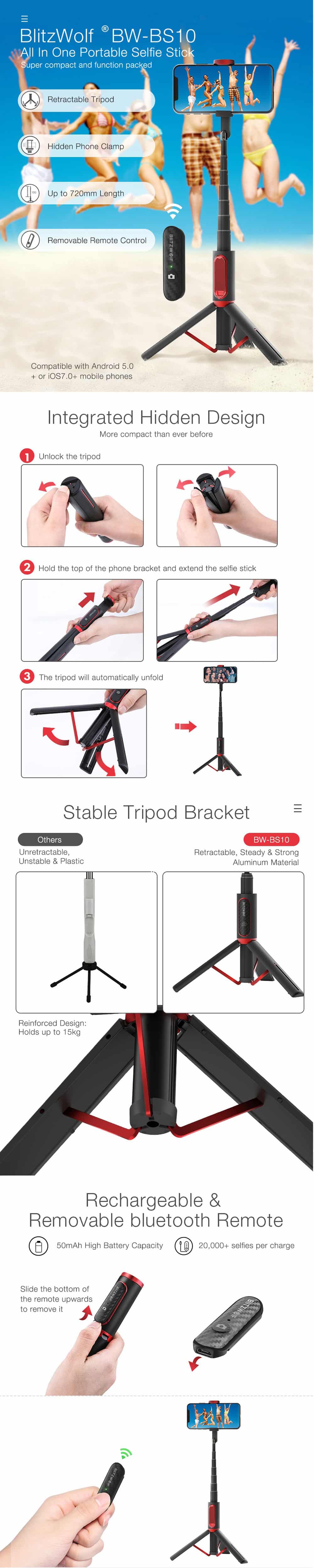 BlitzWolf BW BS10 All In One Portable Selfie Stick 4