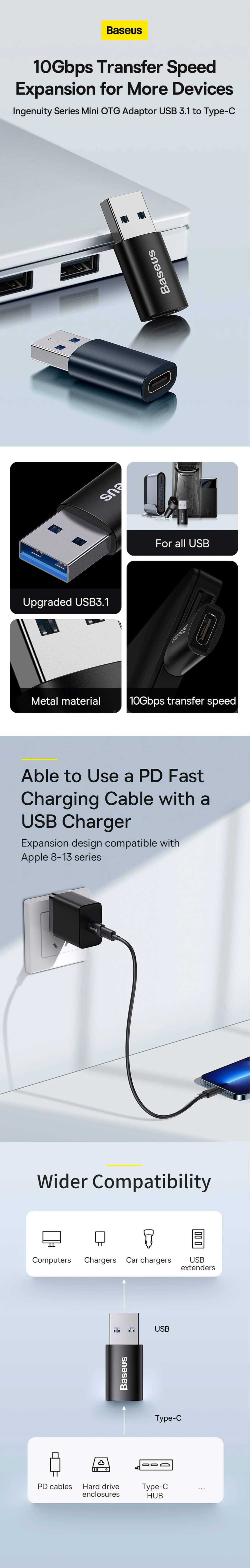 Baseus Ingenuity Series Mini OTG Adaptor USB A to USB C 3.1 4