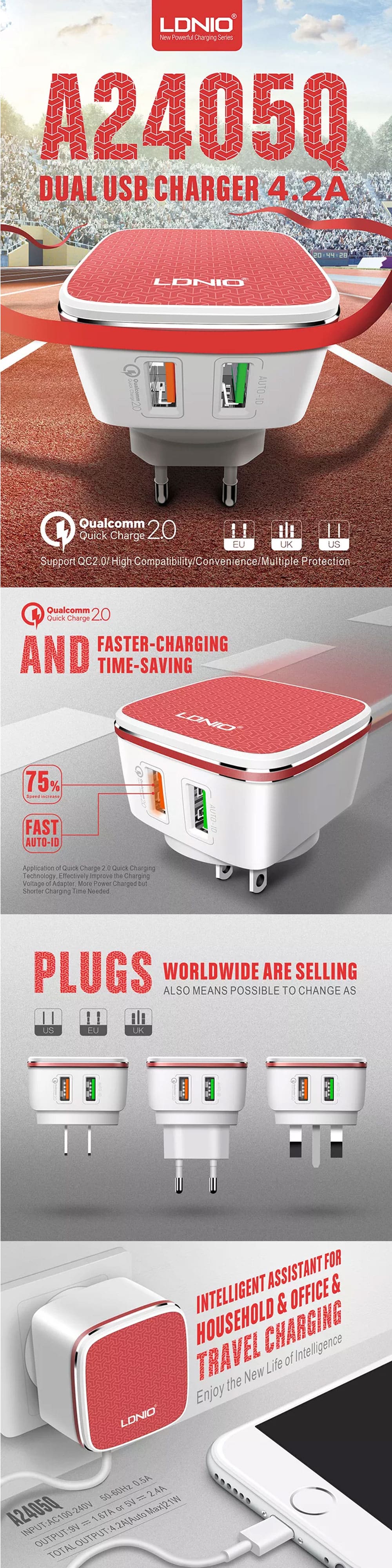 LDNIO A2405Q Qualcomm 3 Dual Port Wall Charger 3