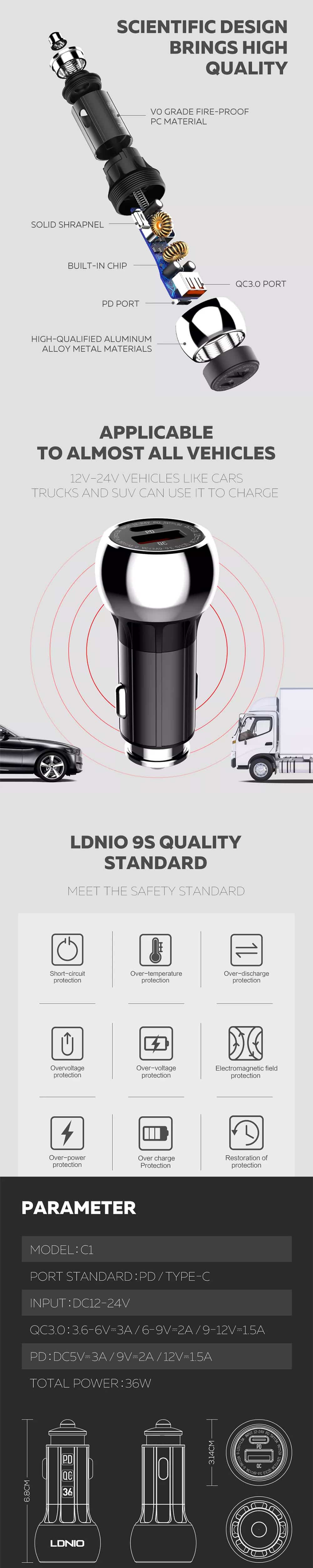 LDNIO C1 36W Dual USB port Fast Charging Car Charger 6