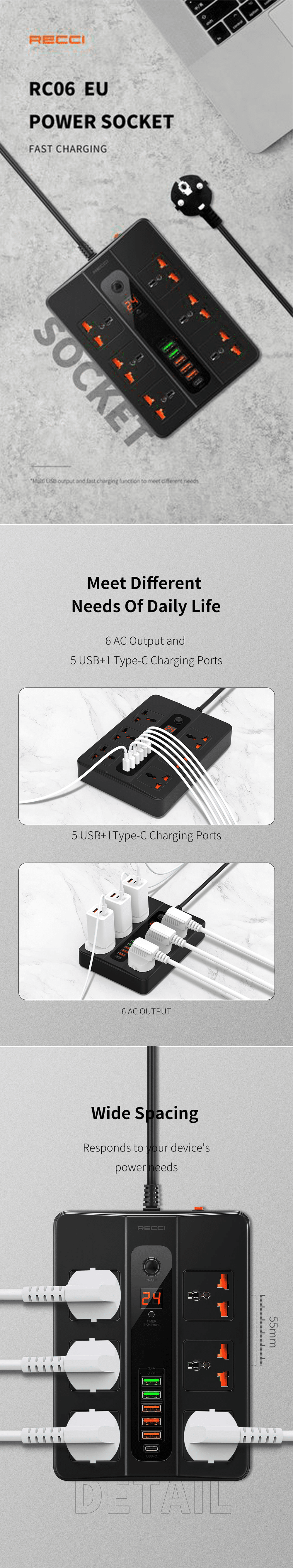 RECCI RC06 2500W 6 Power Strip with 6 Socket with 6 Charging Port 2