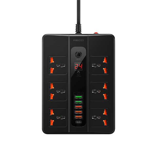 RECCI RC06 2500W 6 Power Strip with 6 Socket with 6 Charging Port