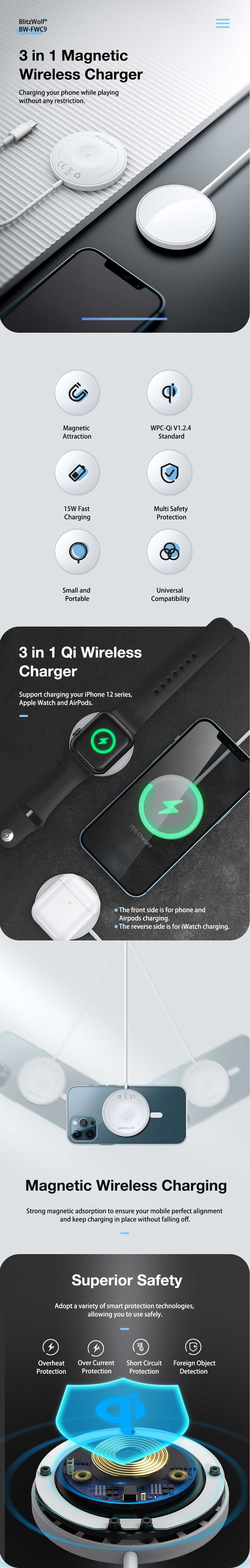 BlitzWolf BW FWC9 15W 3 in 1 Magnetic Wireless Charger 4