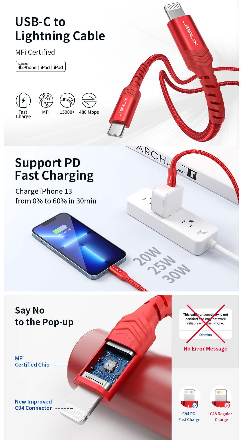 JSAUX MFi Certified USB C to Lightning Cable 1.2m 2