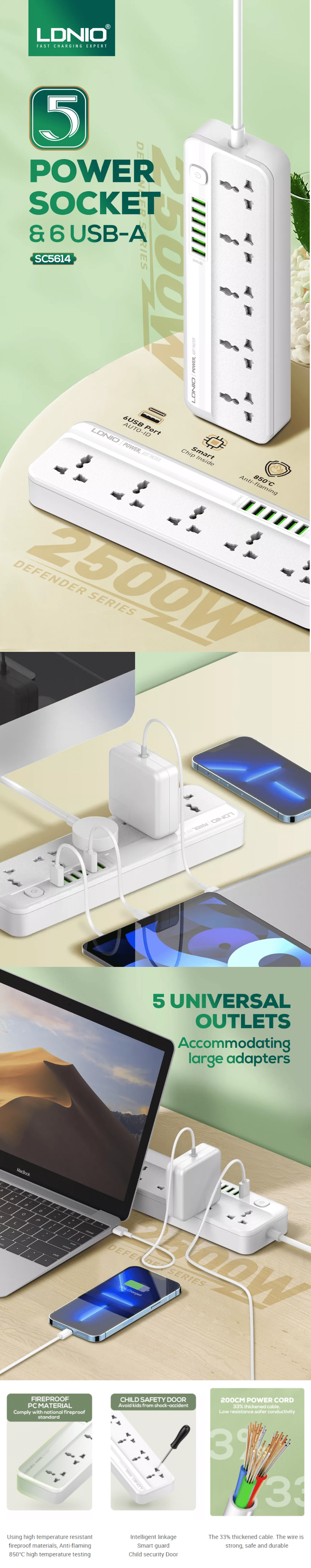 LDNIO SC5614 6USB 5AC Socket 2500W Power Strip 2M 5