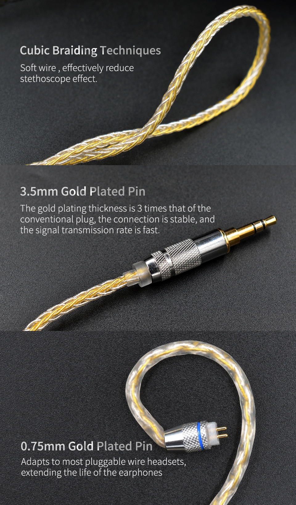 KZ B Pin Gold Silver Cube Mixed Upgrade Cable 10