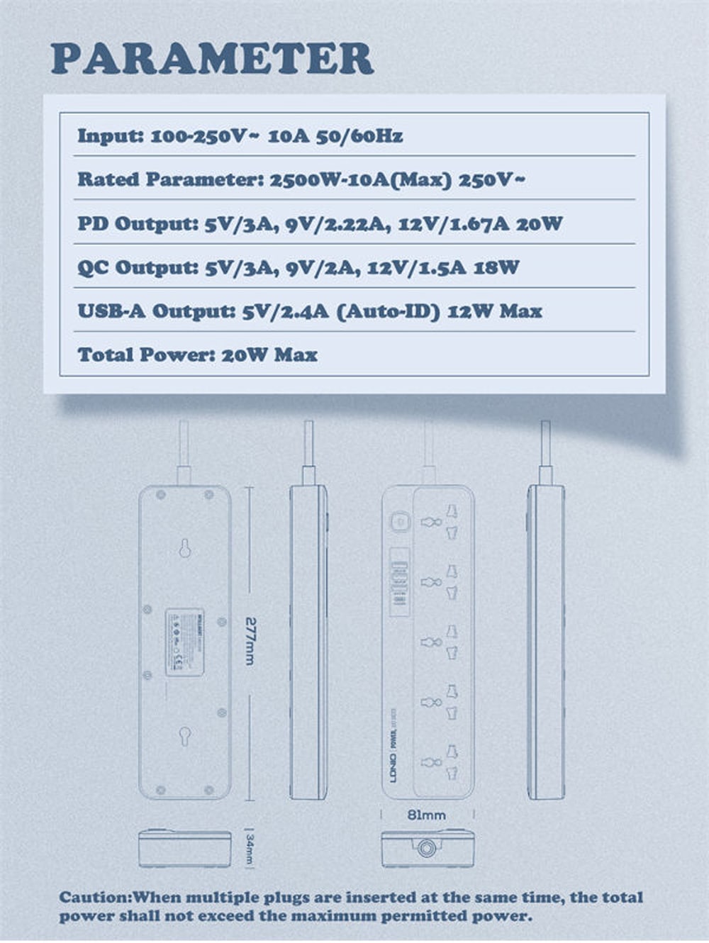 LDNIO SC5415 5 Socket 20W PD QC3.0 4 USB Power Strip EU Plug 6
