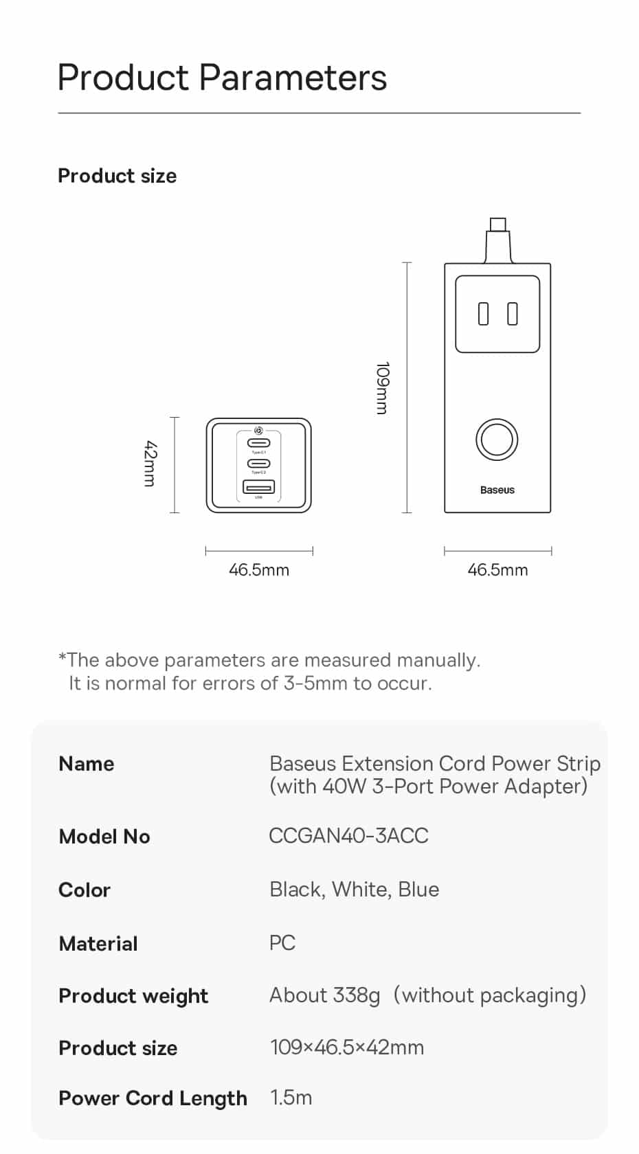 Baseus PowerCombo Digital Power Strip 3 AC1 USB2 Type C 40W with 1.5m Power Cord 7 6