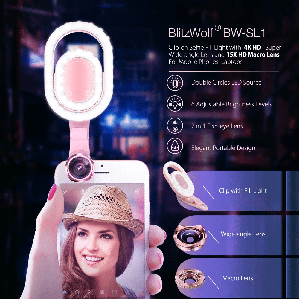 BlitzWolf BW SL1 Clip on Selfie Fill Light with 4K HD Super Wide Angle Lens 2