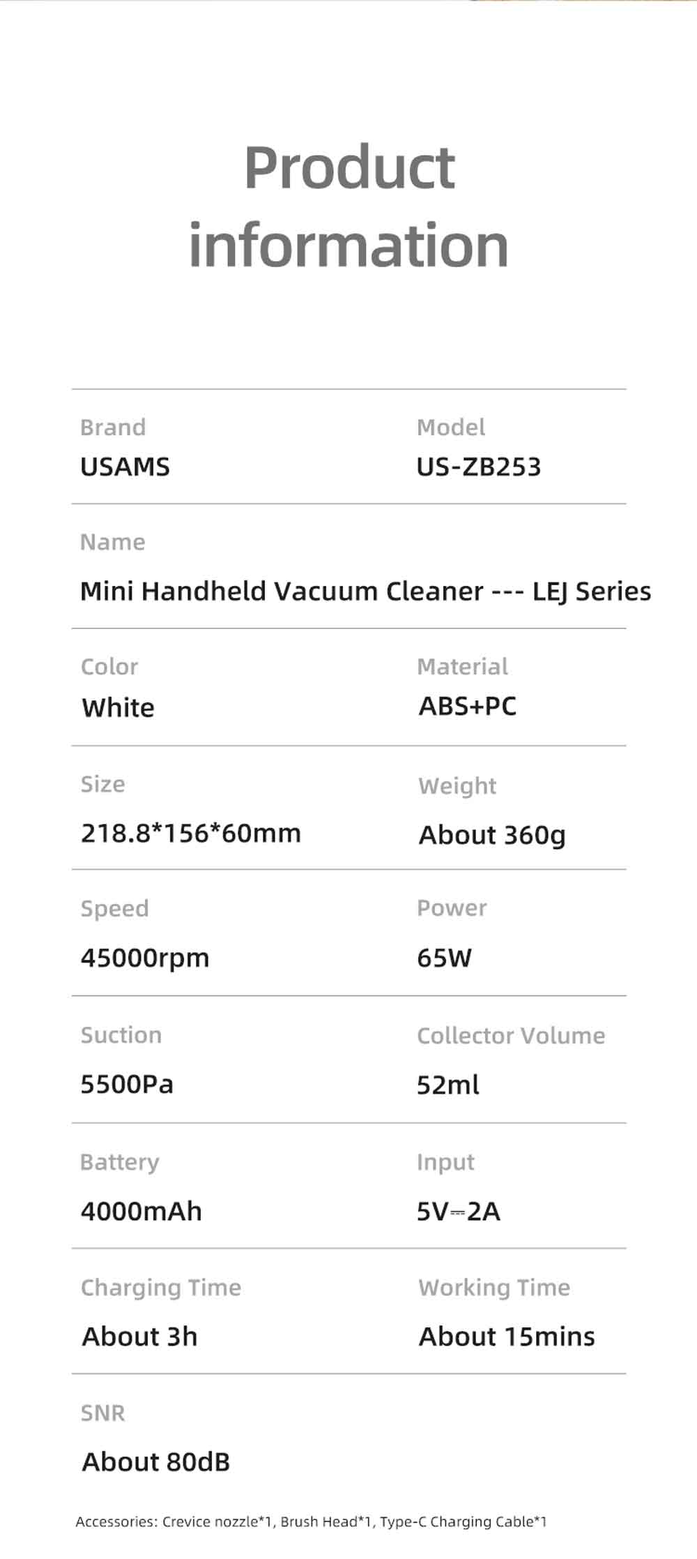 USAMS LEJ Series US ZB253 Mini Handheld Vacuum Cleaner 11