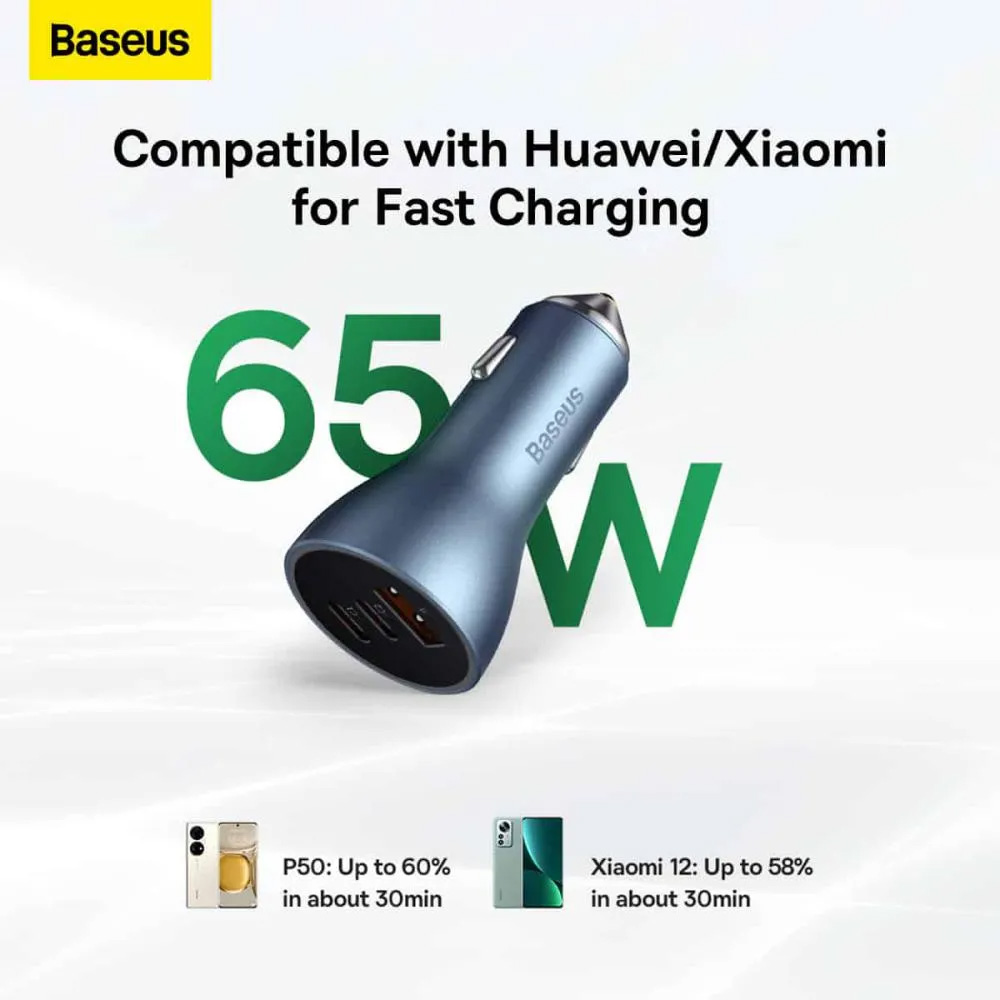 Baseus Golden Contactor Pro Triple Fast Charger Car Charger 65W USB+2 Type-C Ports