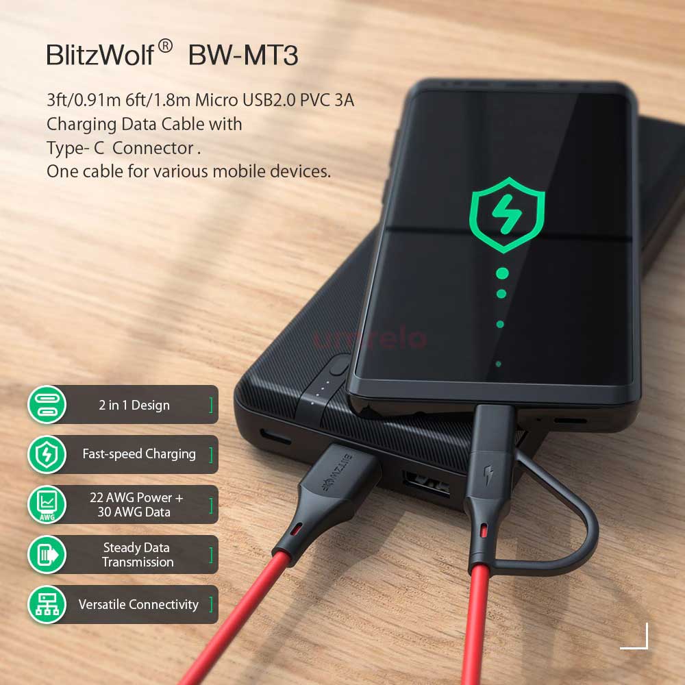 BlitzWolf BW MT3 3A 2 in 1 Type C Micro USB 3A Charging Data Cable 5