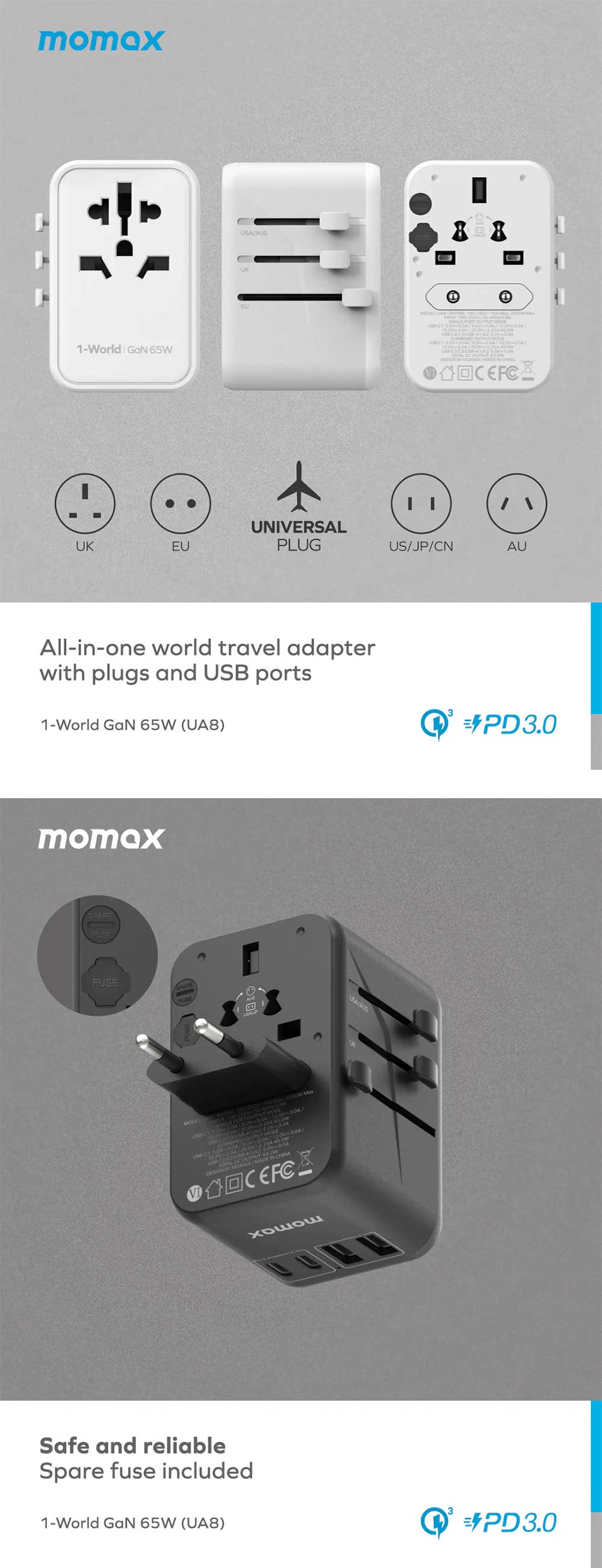 Momax 1 World 65W GaN Convenient Travel Socket UA8 3