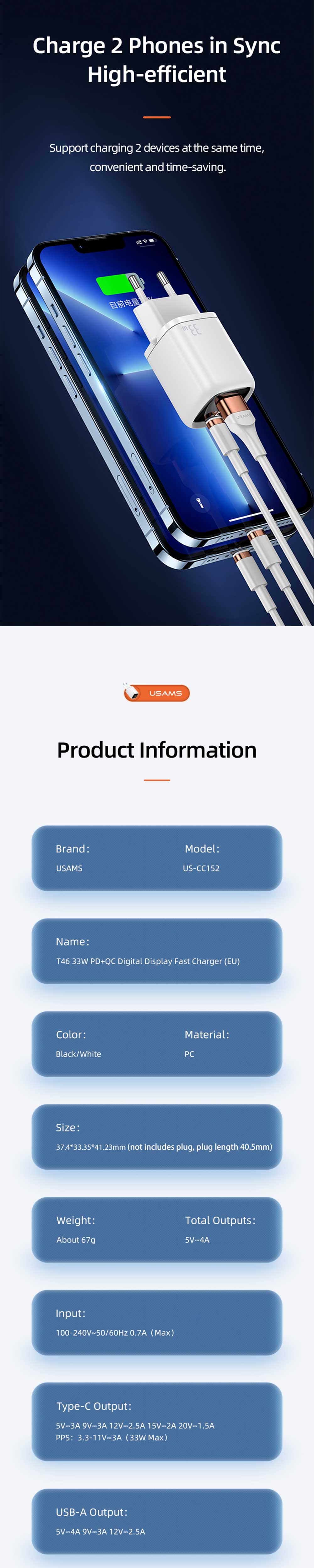 USAMS US CC152 T46 33W PDQC Digital Display Fast Charger 7