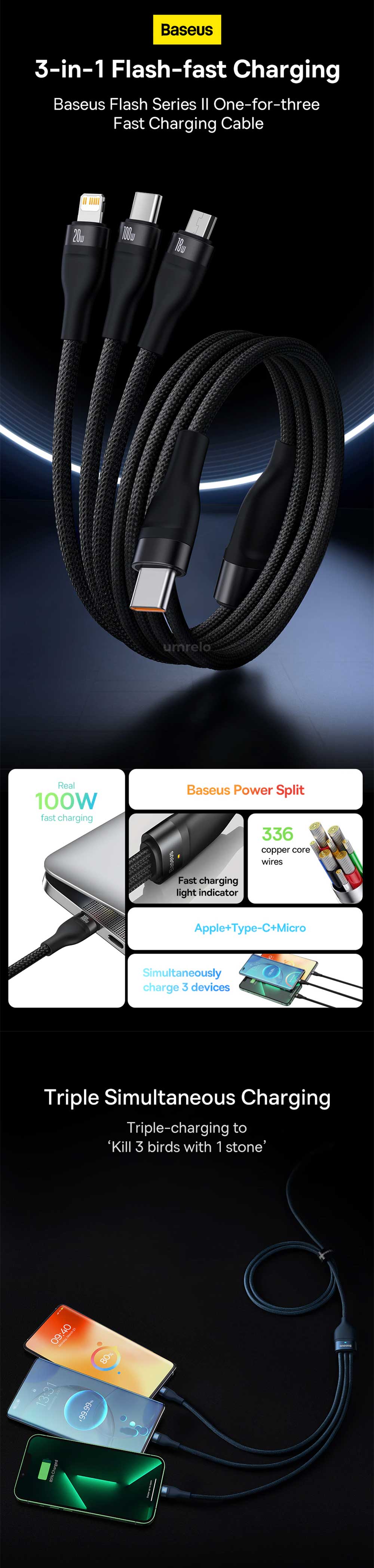 Baseus Flash Series II One for Three 100W Fast Charging Cable Type C to MLC 3