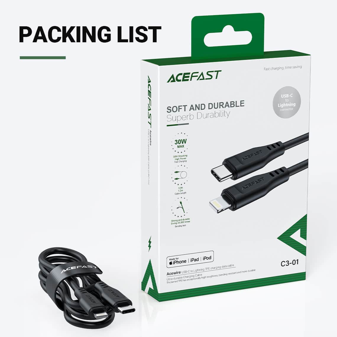 ACEFAST C3 01 30W PD MFI Certified USB C to Lightning Cable 9
