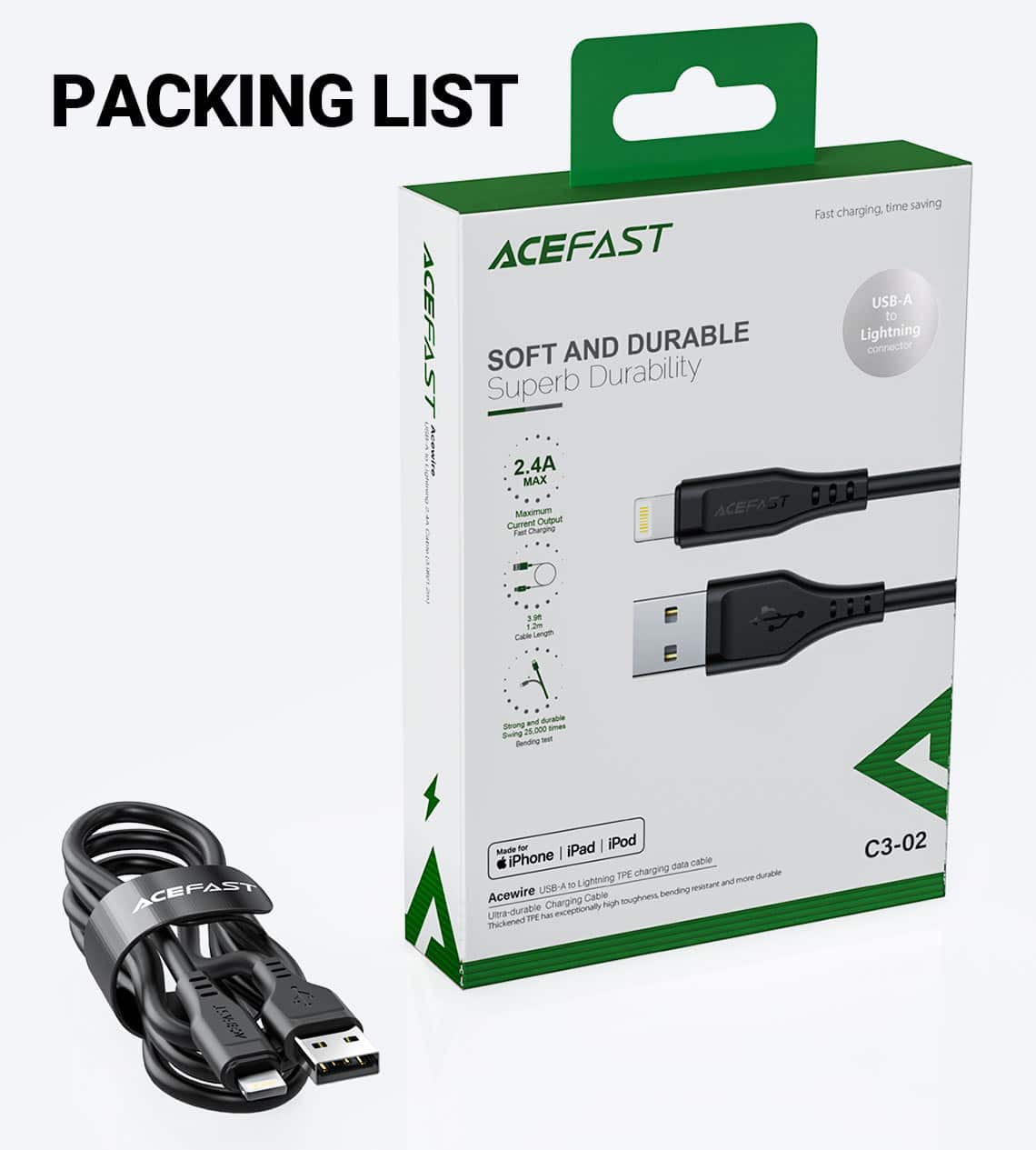 ACEFAST C3 02 MFI Certified USB A to Lightning 1.2M 10