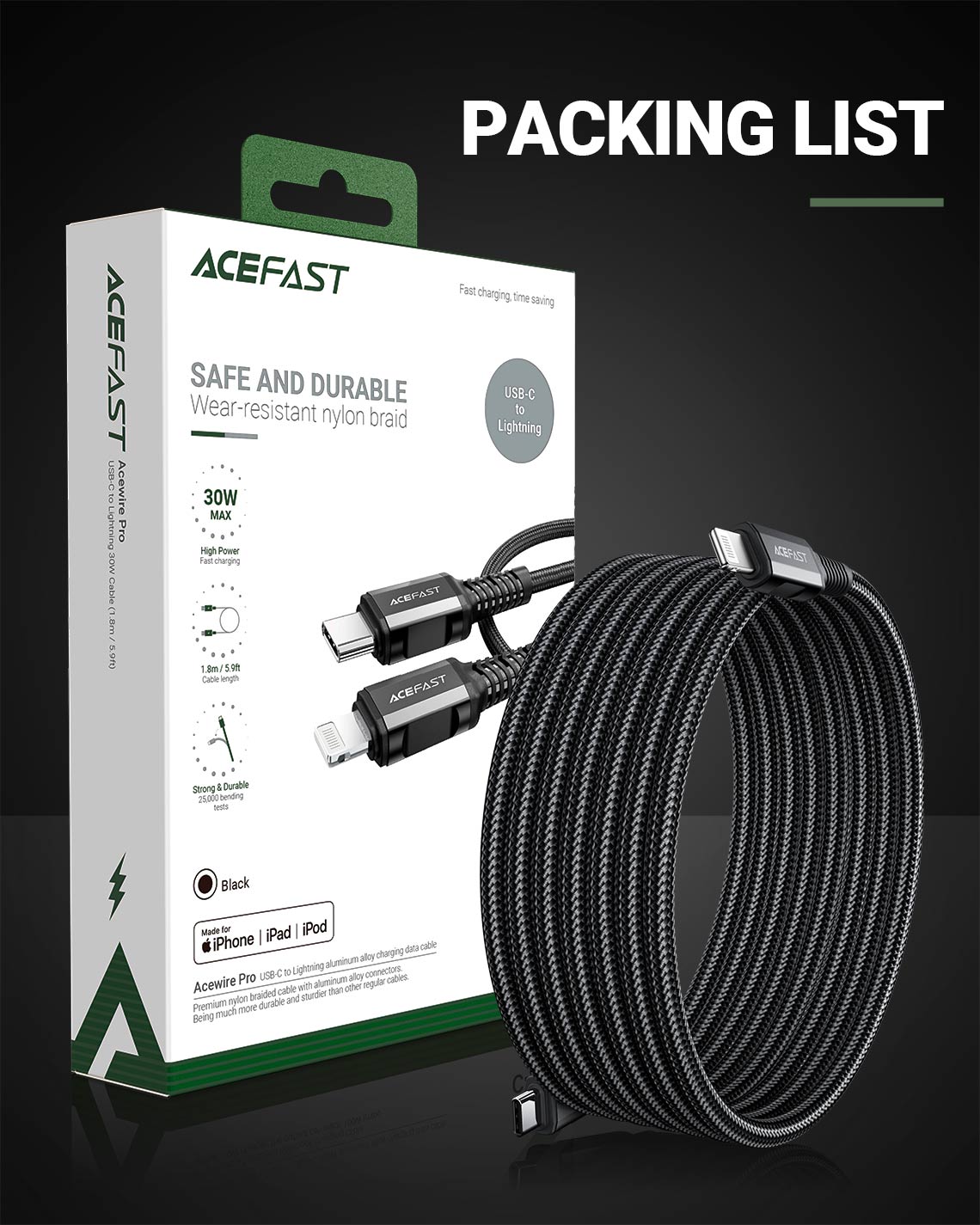 ACEFAST C4 01 30W PD MFI Certified USB C to Lightning Cable 1.8M 14