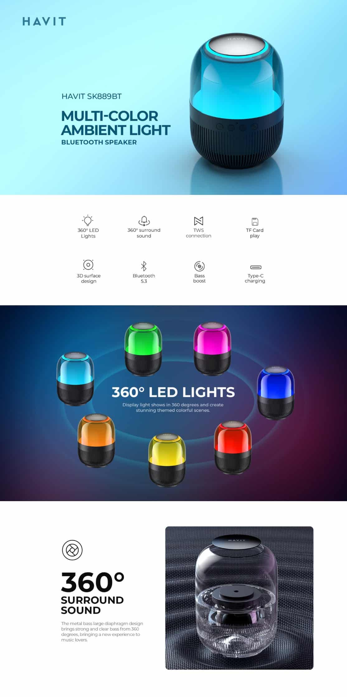 Havit SK889BT Multi Color Ambient Light Bluetooth Speaker 5
