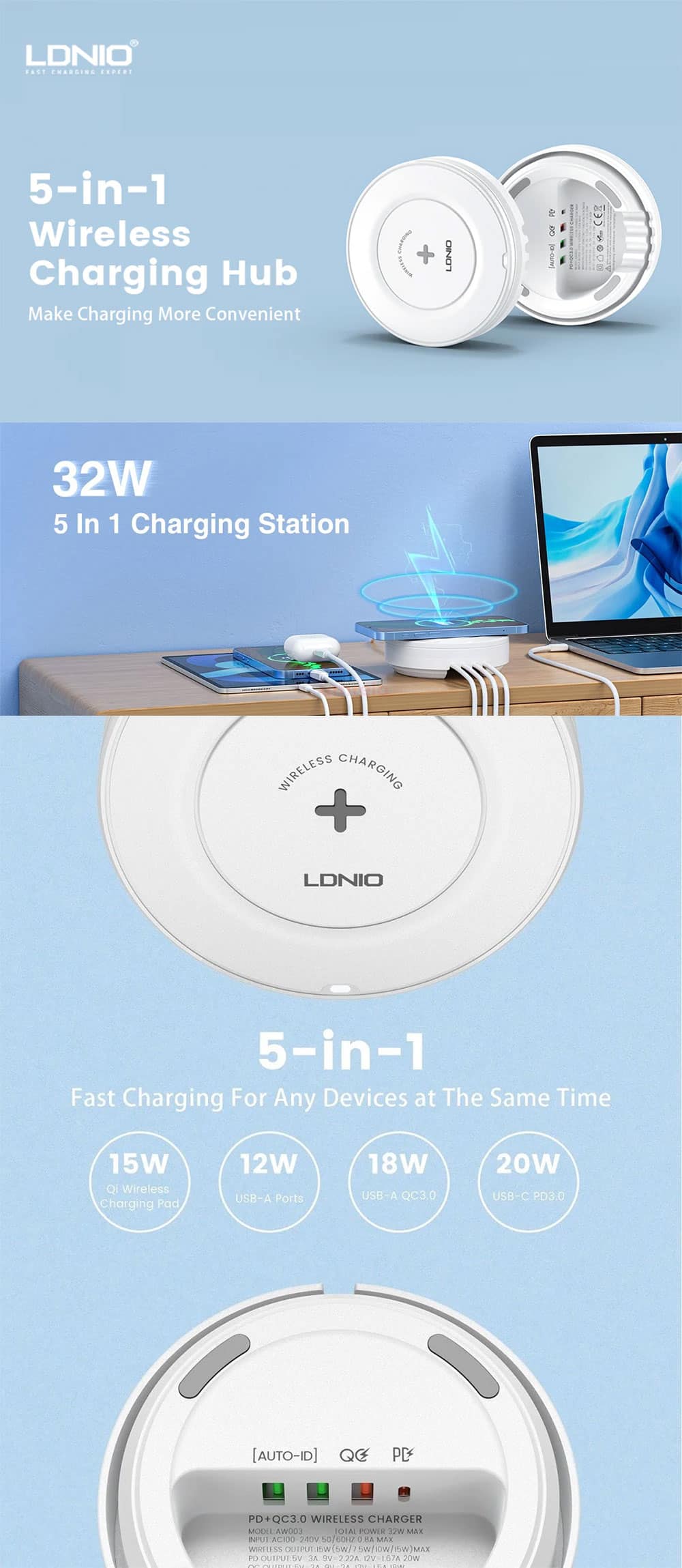 LDNIO AW003 32W 4 Port PDQC Desktop Wireless Charging Station 6