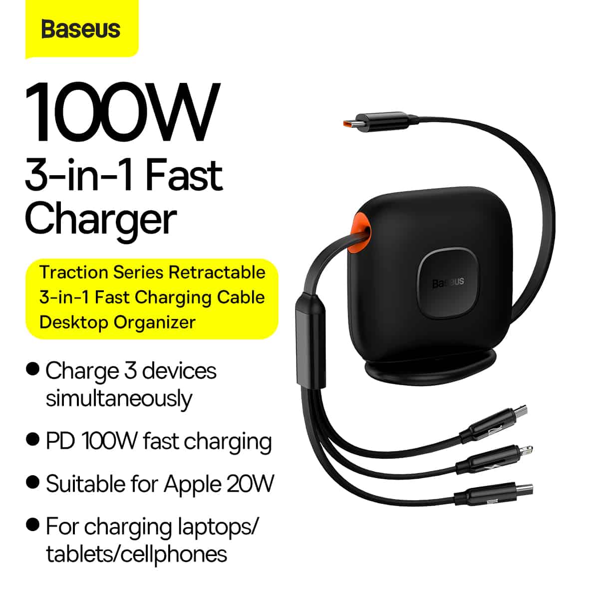 Baseus Traction Series Retractable 3 in 1 Fast Charging Cable 100W Type C to MLC 4
