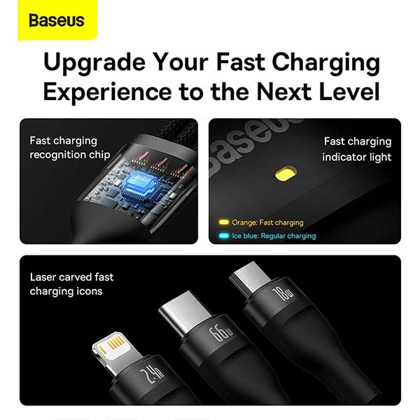 Baseus Flash Series II 3 in 1 Fast Charging USB to MLC 66W Data Cable 4