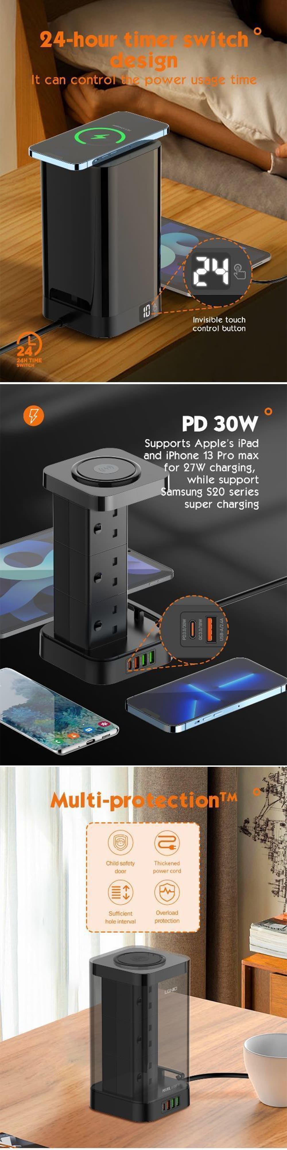 LDNIO SKW6457 6 Outlet USB Tower Extension Power Socket with 15W Wireless Charger 7