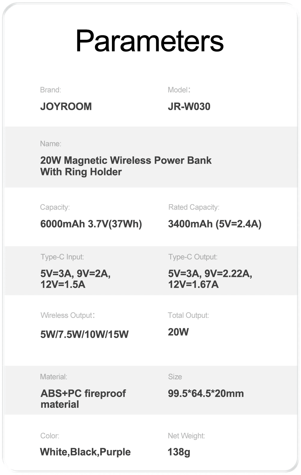Joyroom JR W030 20W 6000mAh Magnetic Wireless Power Bank with Ring Holder 3 4