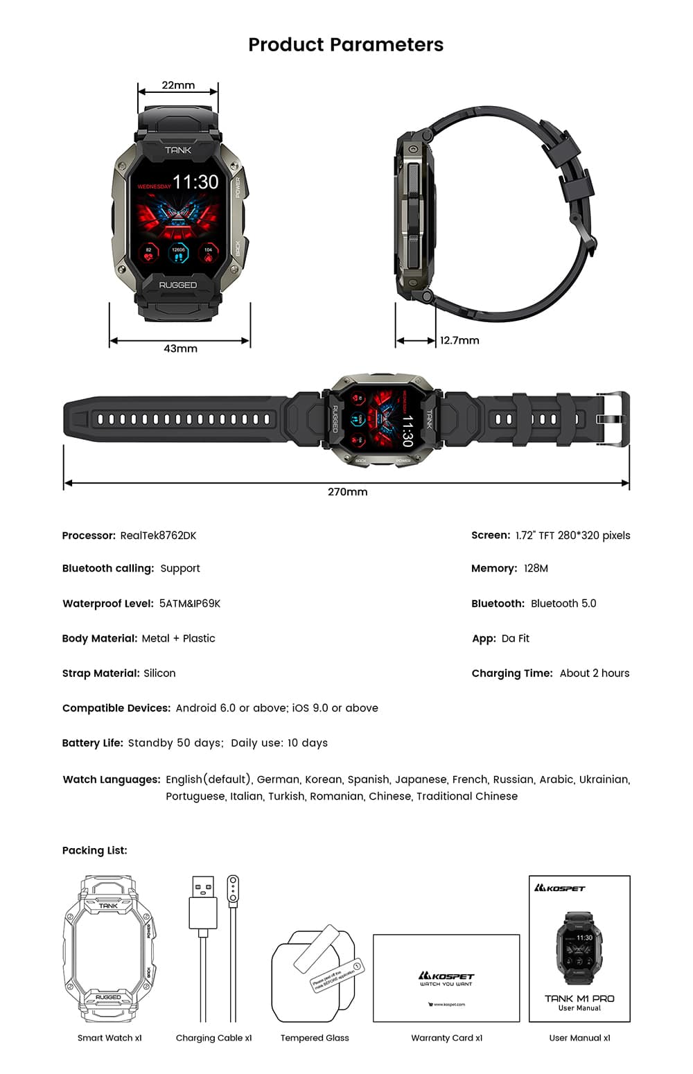 KOSPET TANK M1 Pro Bluetooth Calling Smart Watch 3 6