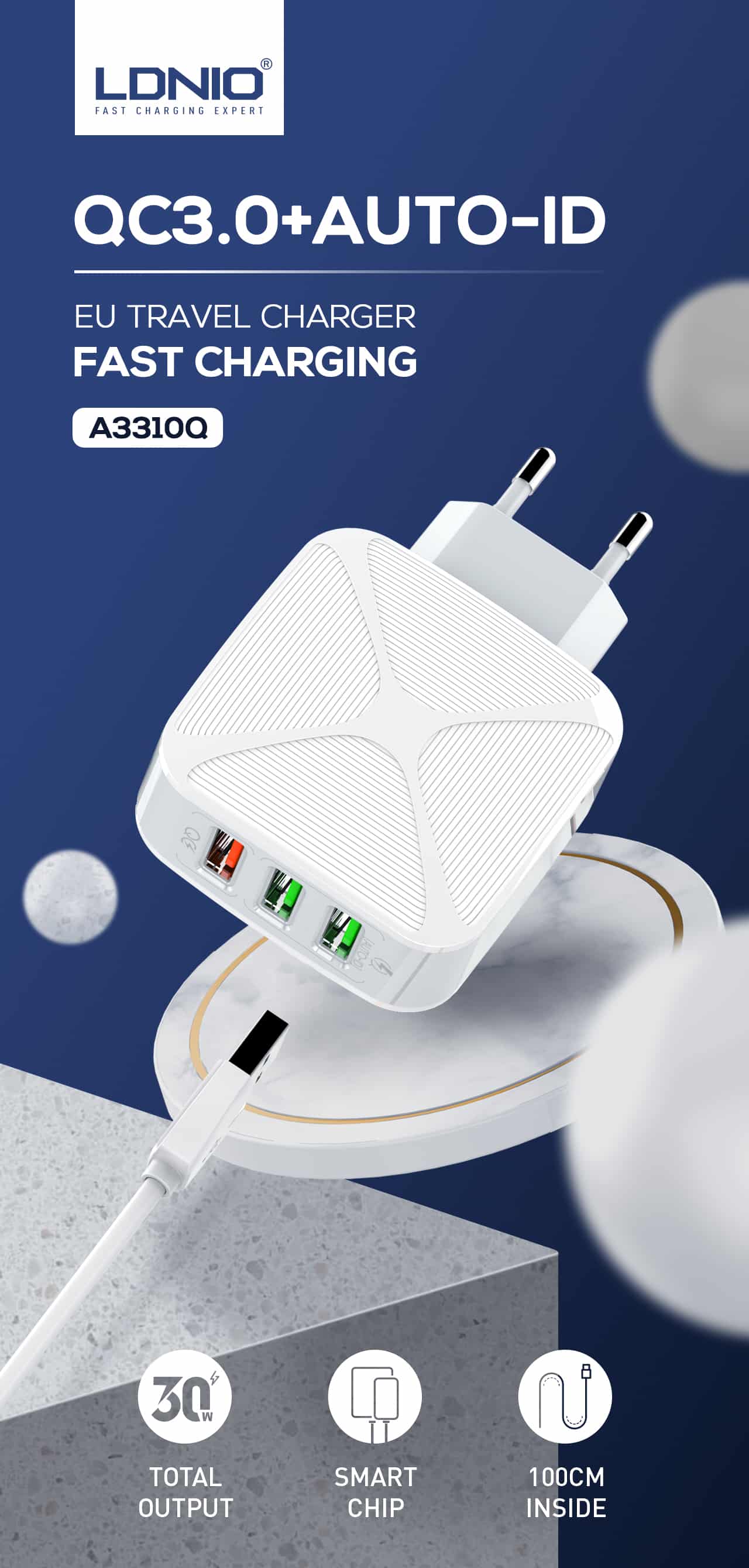 LDNIO A3310Q QC3.0 3 Port Wall Charger With Micro USB Cable 5
