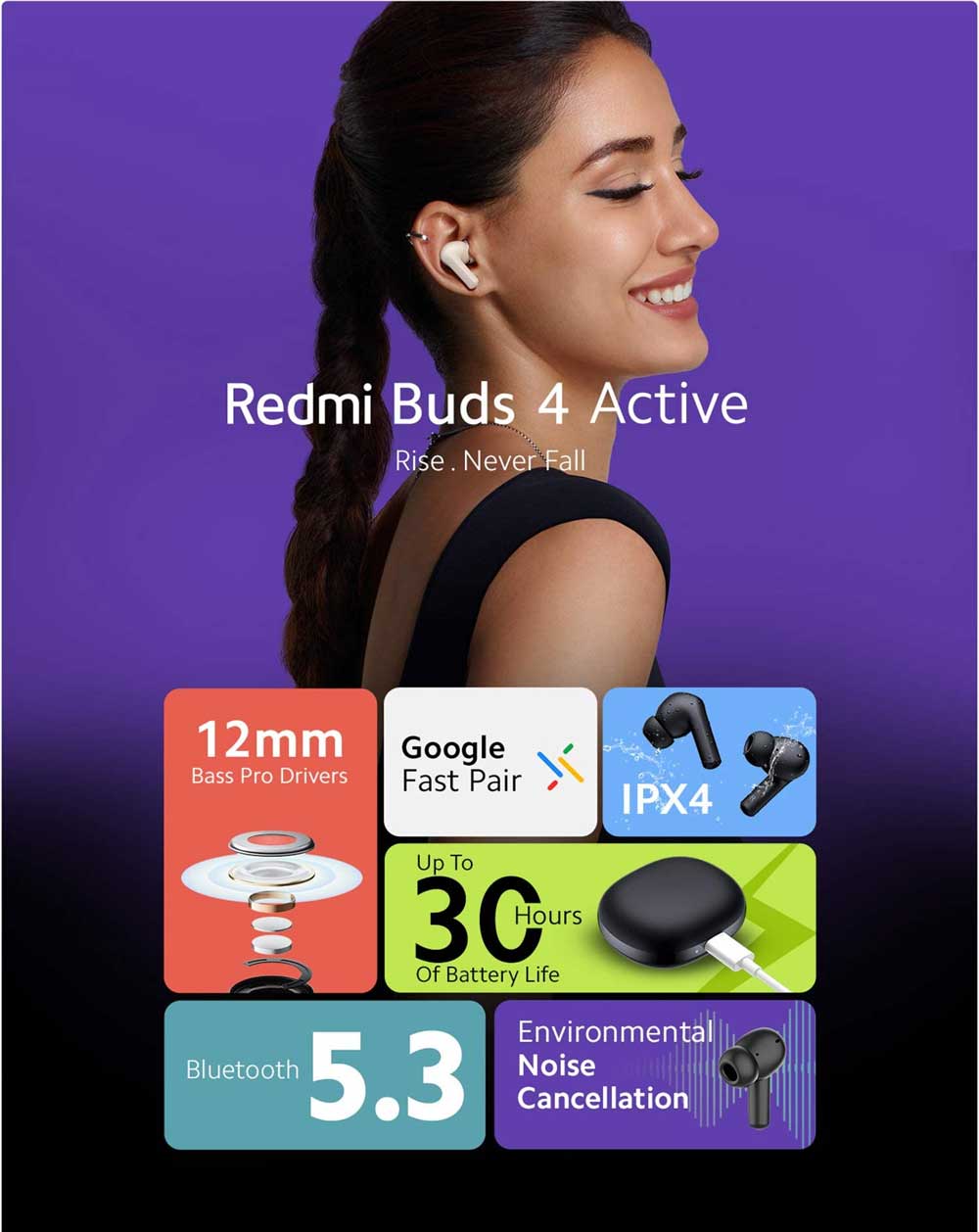 Redmi Buds 4 Active - Air White, 12mm Drivers(Premium Sound