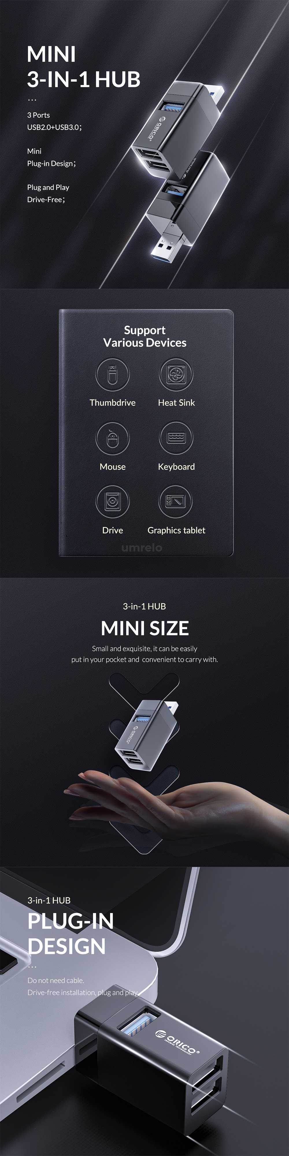 ORICO Mini 3 in 1 USB HUB MINI U32 4