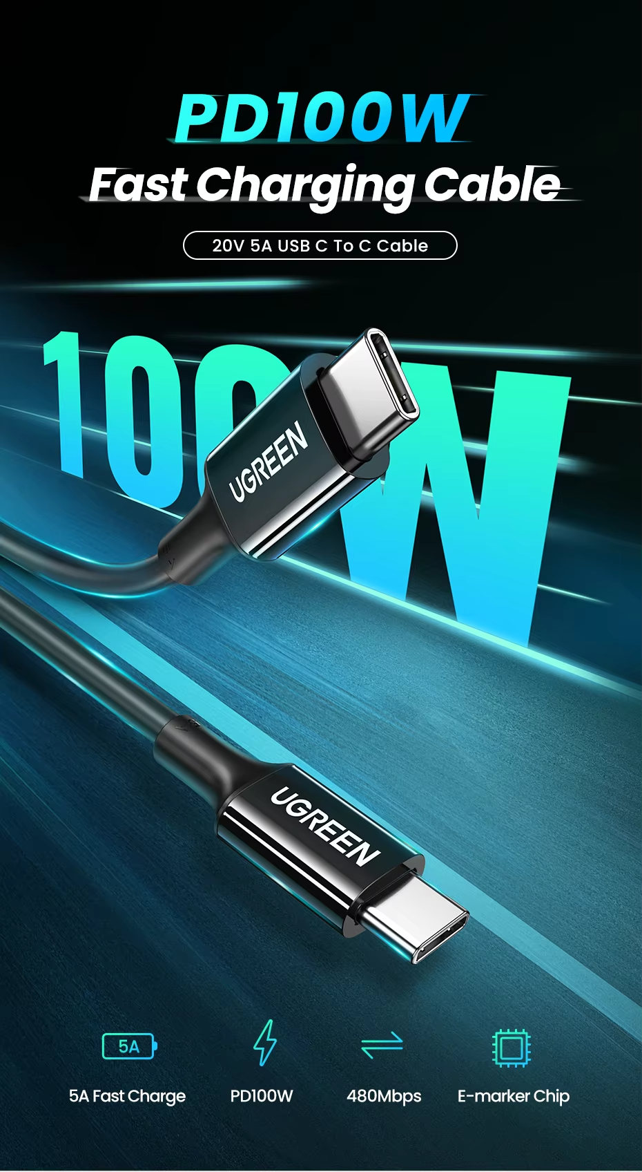 UGREEN US300 5A 100W USB C to USB C Cable 10