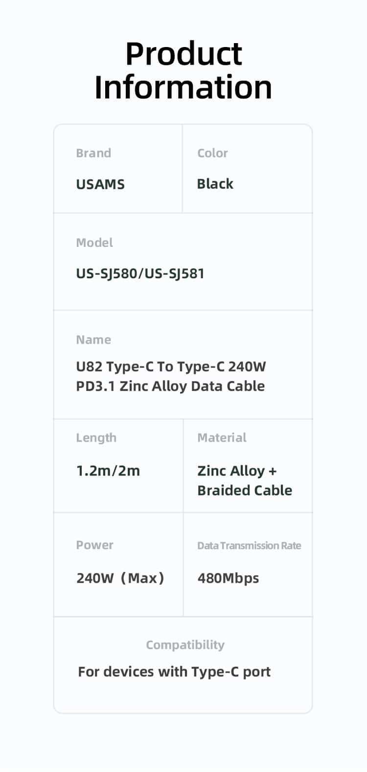 USAMS US SJ581 U82 Type C To Type C PD 240W PD3.1 Zinc Alloy Cable 2 Meter 11
