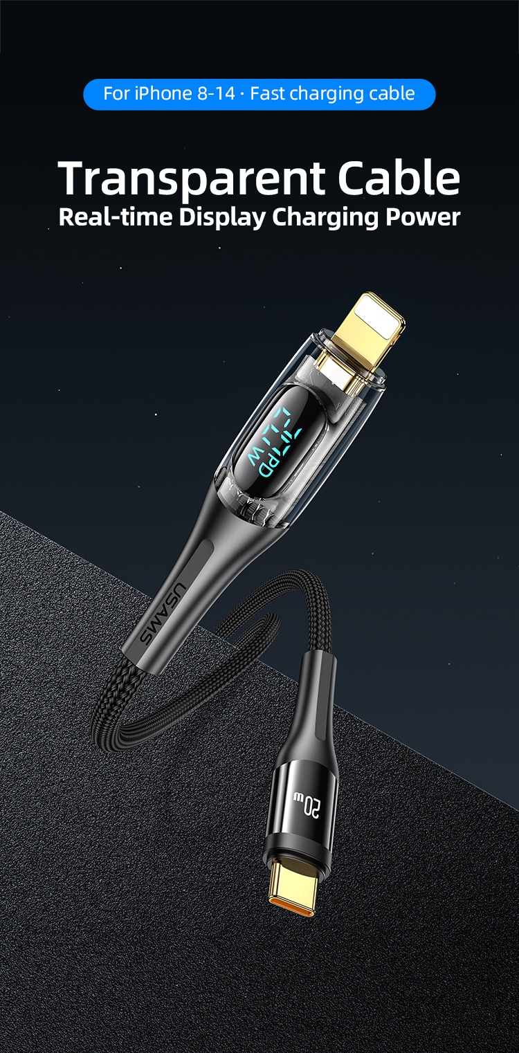 USAMS US SJ588 Type C To Lighting PD 20W Transparent Fast Charging Digital Display Cable 1.2M 4
