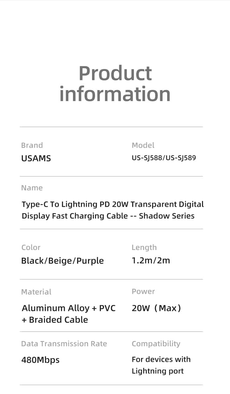 USAMS US SJ588 Type C To Lighting PD 20W Transparent Fast Charging Digital Display Cable 1.2M 9