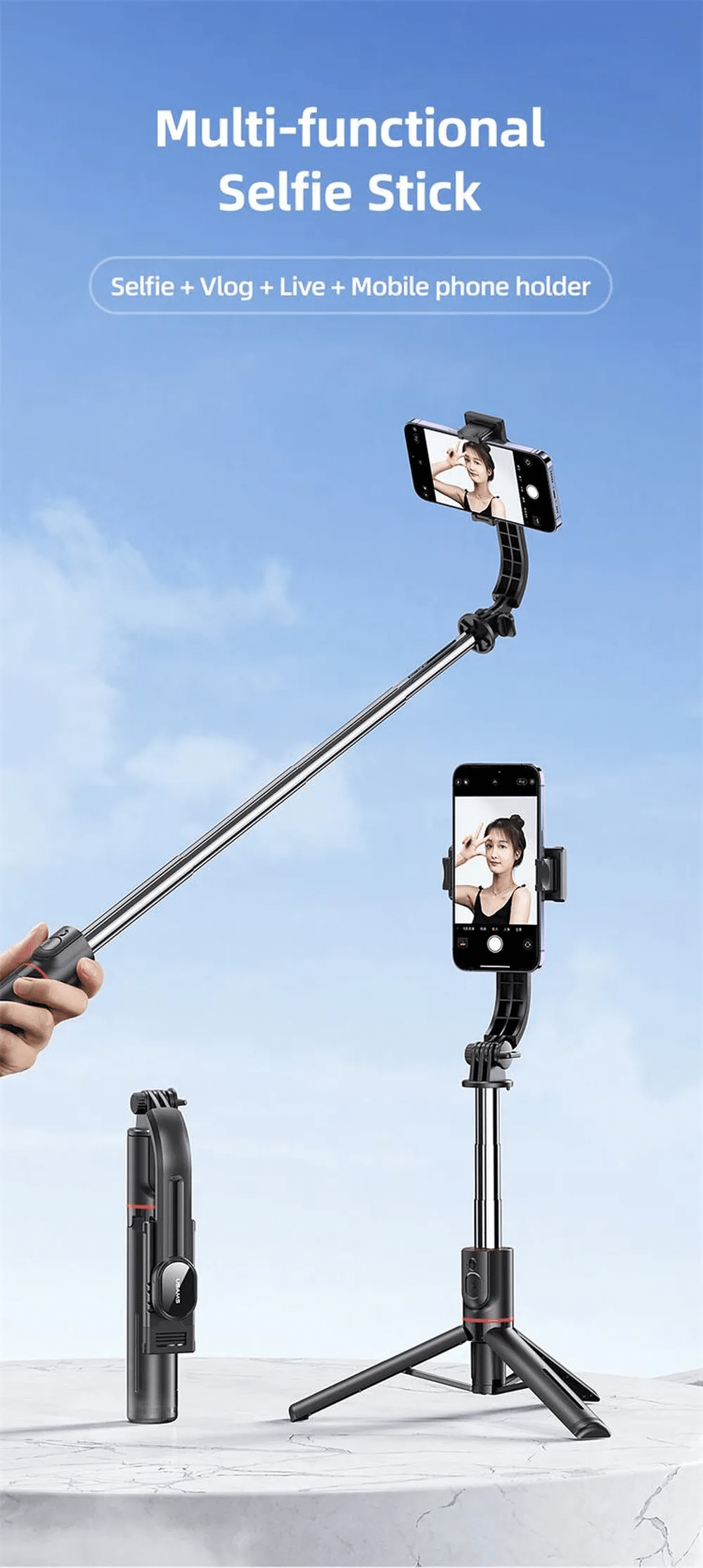 USAMS US ZB256 Phone Holder Extendable Tripod Selfie Stick 2 2