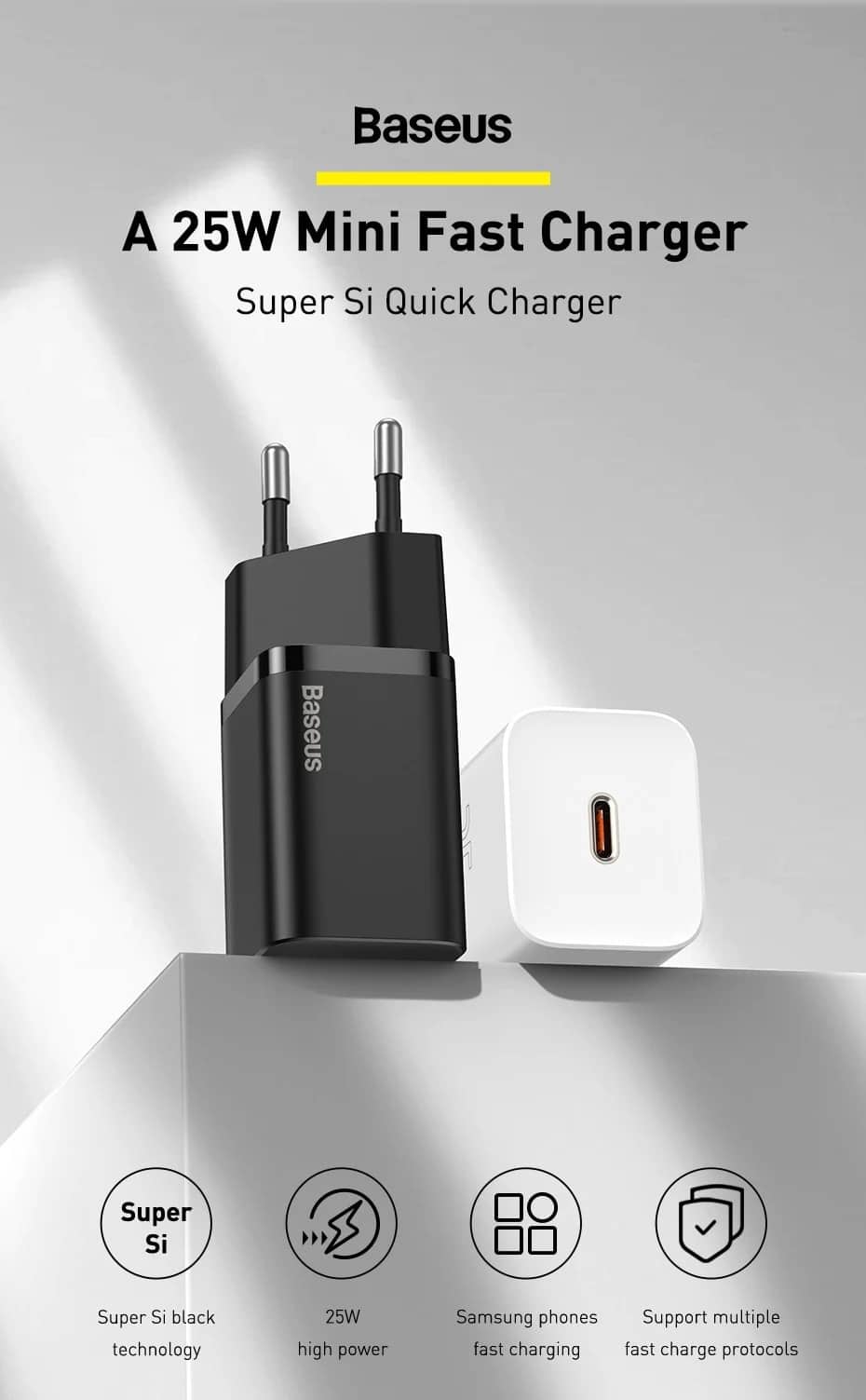 Baseus Super Si 1C 25W Quick Charger EU Plug with Type C to Type C 3A Cable 3